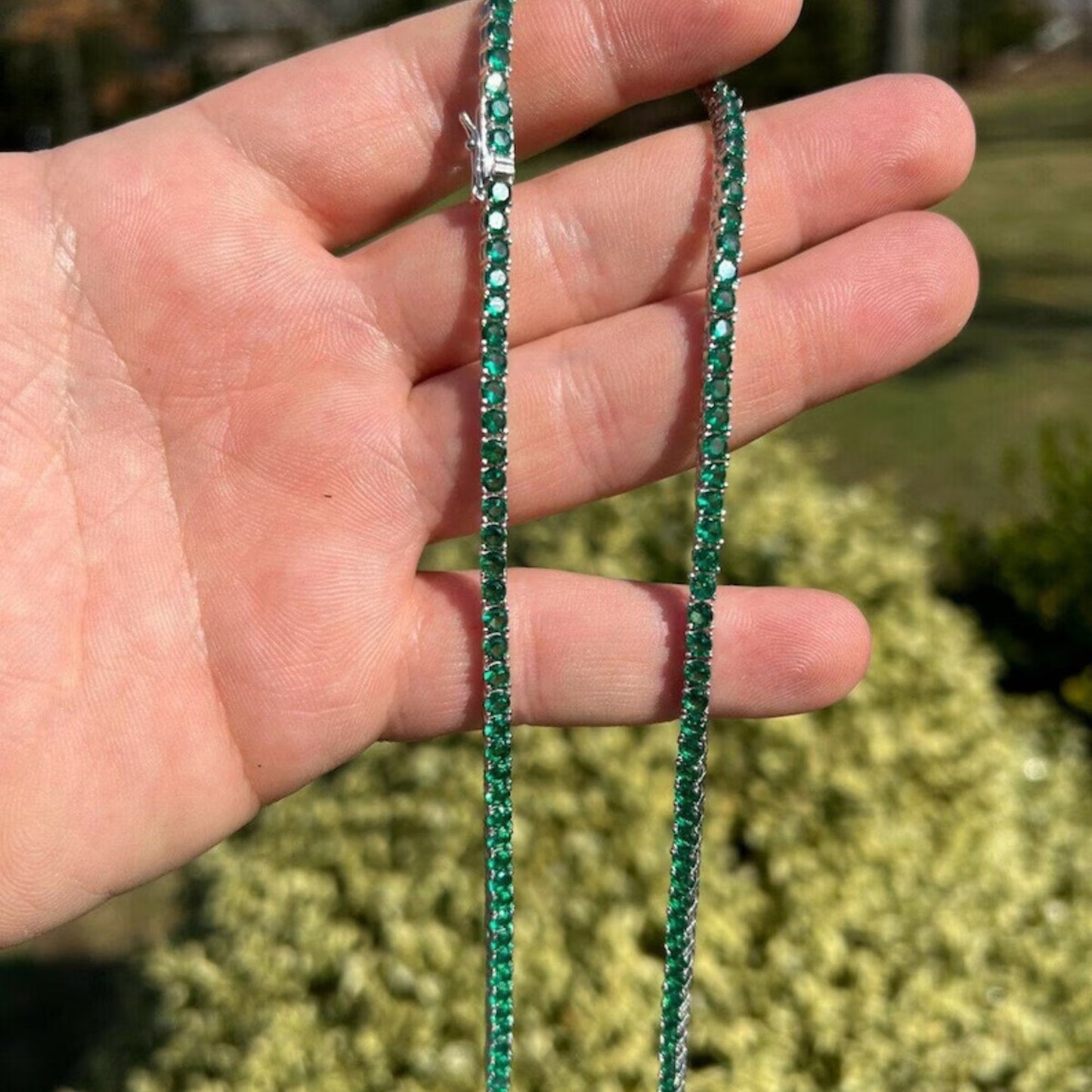 Silver Emerald Tennis Baguette Necklace, Emerald Green Choker, Waterproof Jewelry, Gemstone Zircon Necklace, Tennis Choker Neckloace