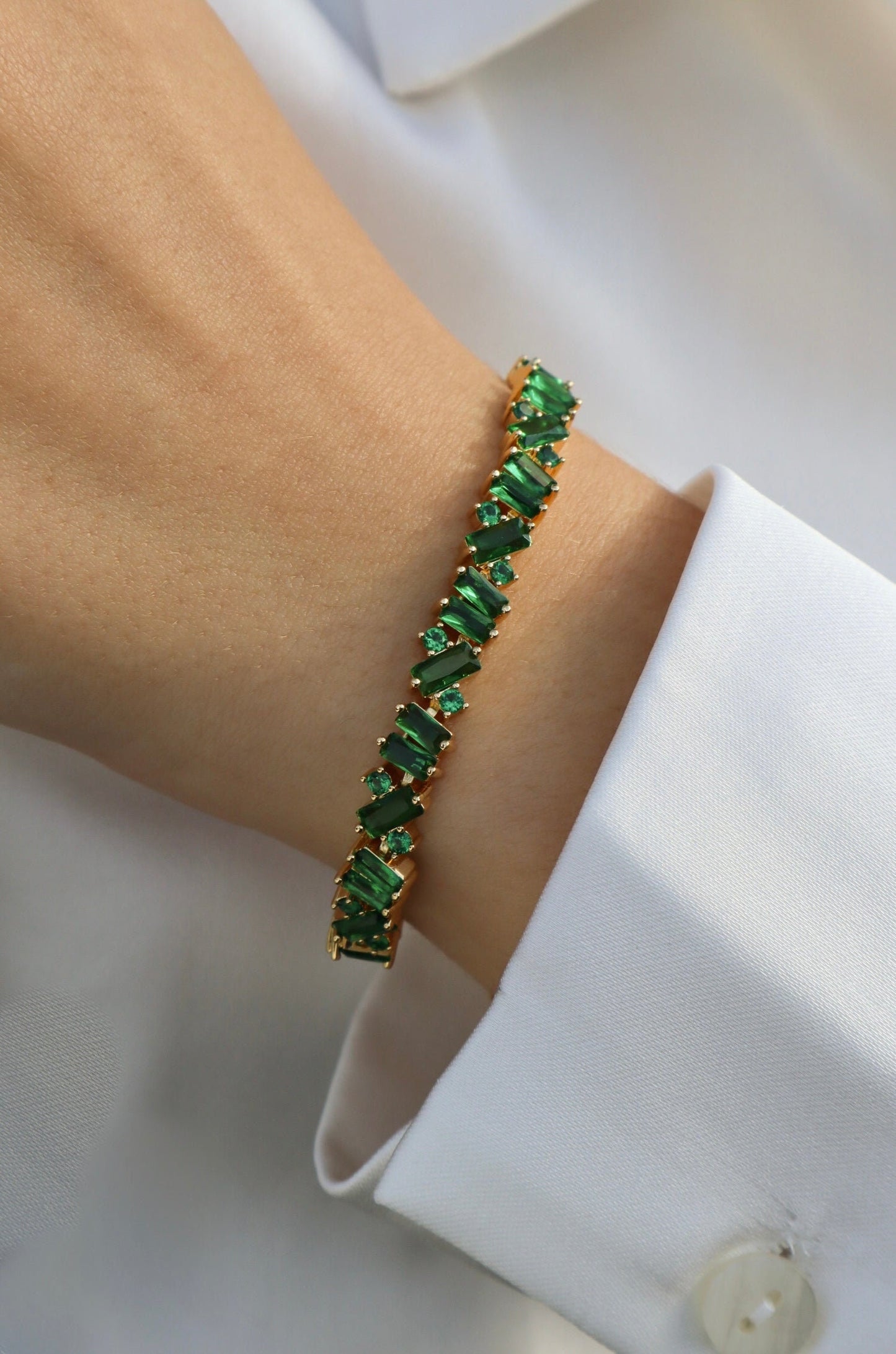 Bolo Adjustable Bracelet, Baguette Cut Emerald bracelet, Elegant May Birthstone Adjustable Bolo Bracelet for Women with Ball Clasp