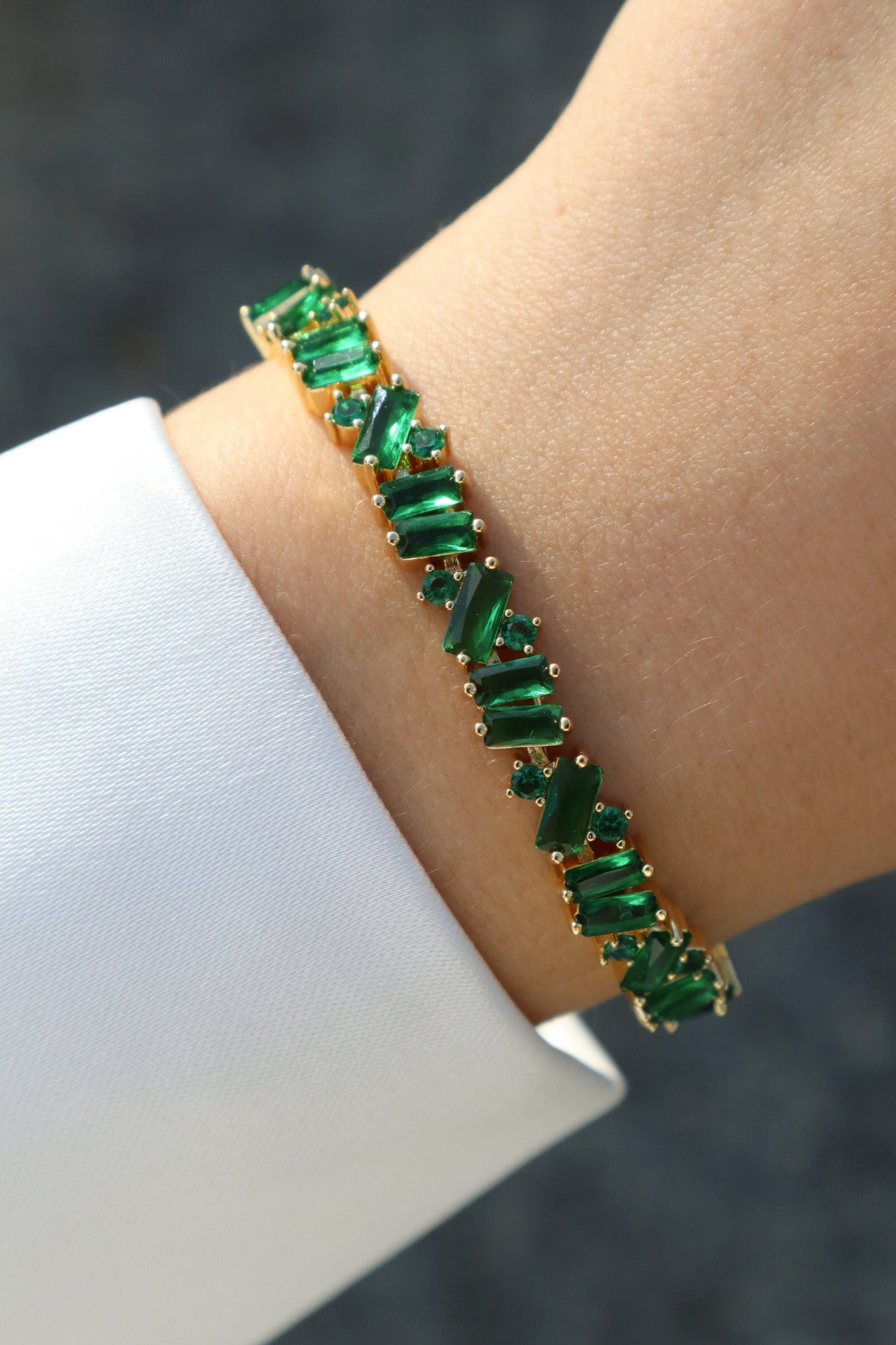 Bolo Adjustable Bracelet, Baguette Cut Emerald bracelet, Elegant May Birthstone Adjustable Bolo Bracelet for Women with Ball Clasp