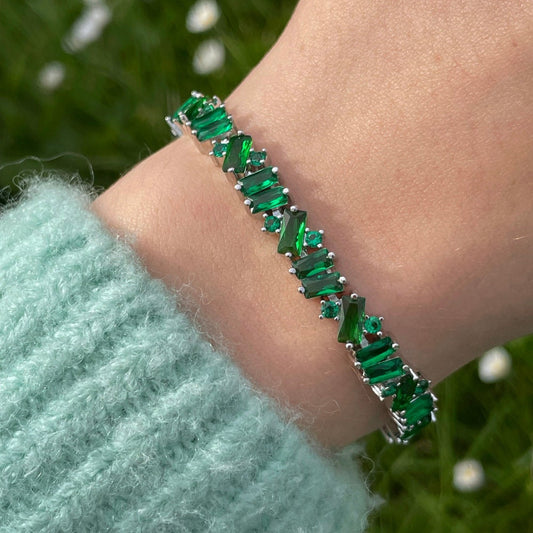 Bolo Adjustable Bracelet, Baguette Cut Emerald bracelet, Elegant May Birthstone Adjustable Bolo Bracelet for Women with Ball Clasp