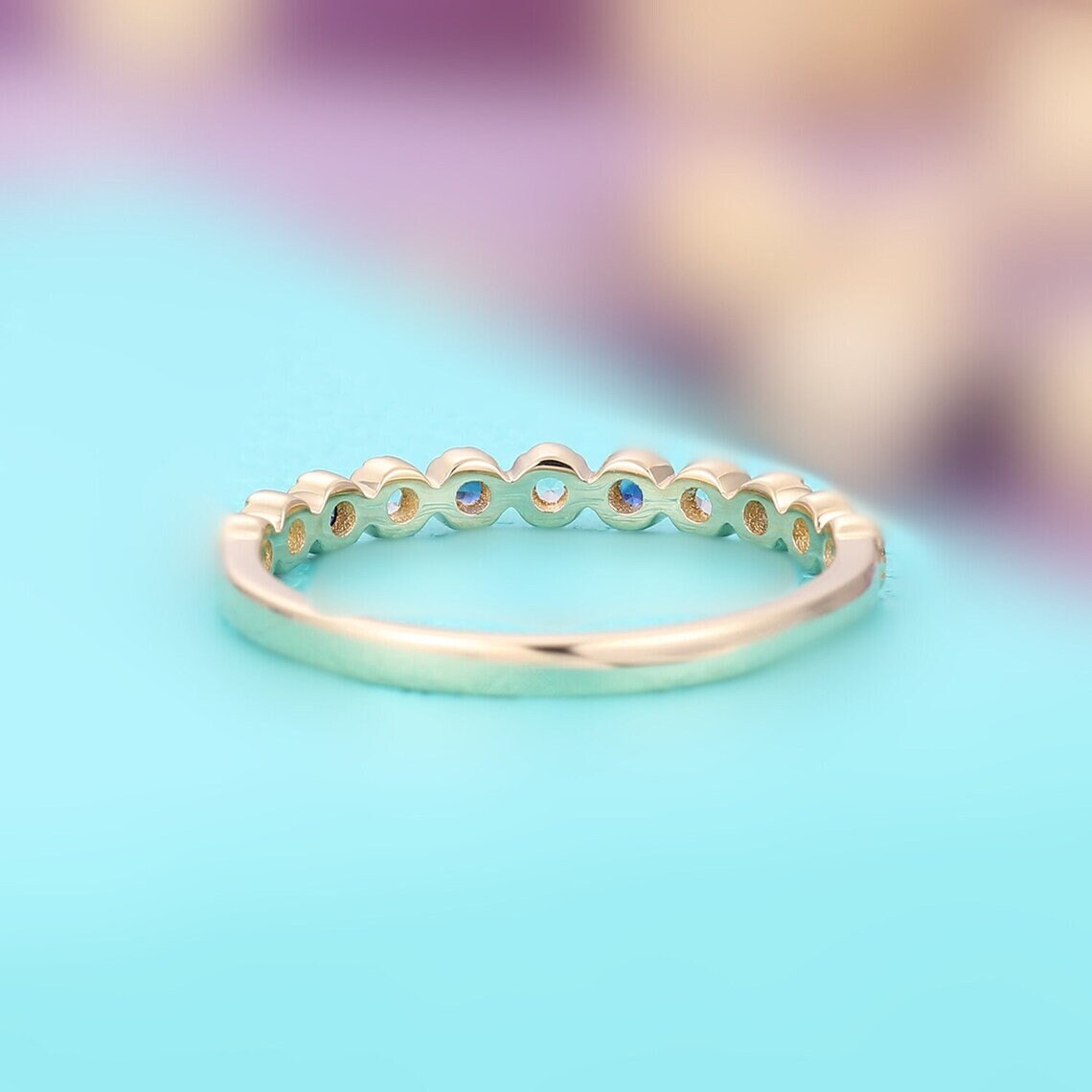 Vintage Aquamarine Engagement Ring, Statement Art Deco Ring, 18k gold Aquamarine Round With sapphire half band Band, Gift for Her,moms gift