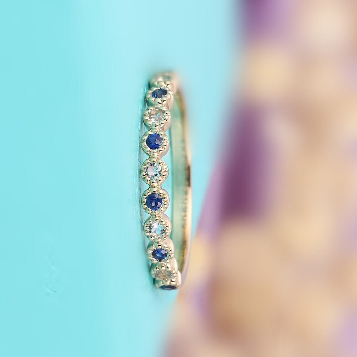 Vintage Aquamarine Engagement Ring, Statement Art Deco Ring, 18k gold Aquamarine Round With sapphire half band Band, Gift for Her,moms gift