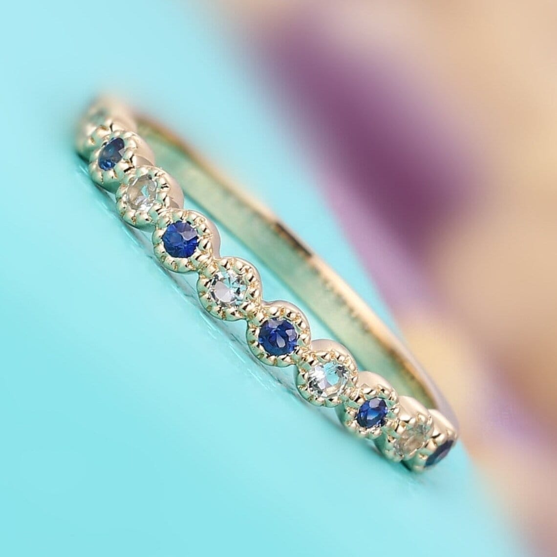 Vintage Aquamarine Engagement Ring, Statement Art Deco Ring, 18k gold Aquamarine Round With sapphire half band Band, Gift for Her,moms gift