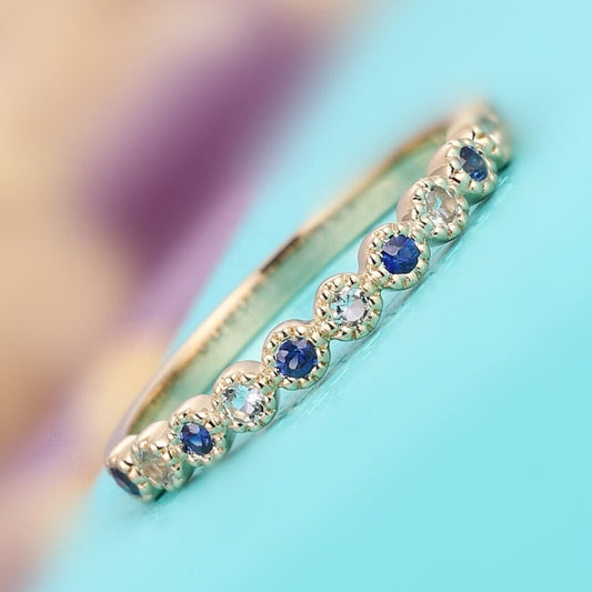 Vintage Aquamarine Engagement Ring, Statement Art Deco Ring, 18k gold Aquamarine Round With sapphire half band Band, Gift for Her,moms gift