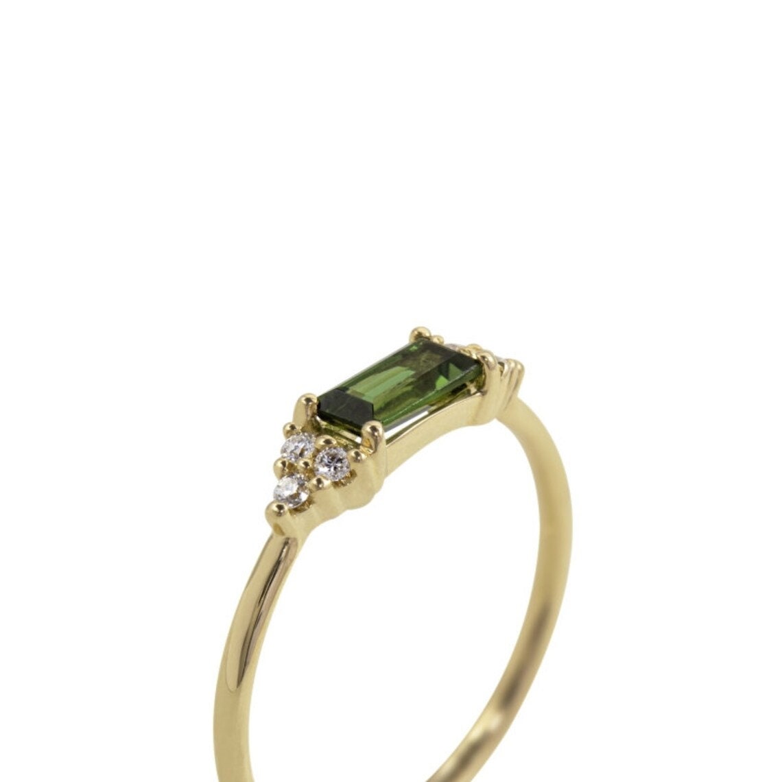 18k Gold Green Tourmaline Baguette Ring with Diamonds