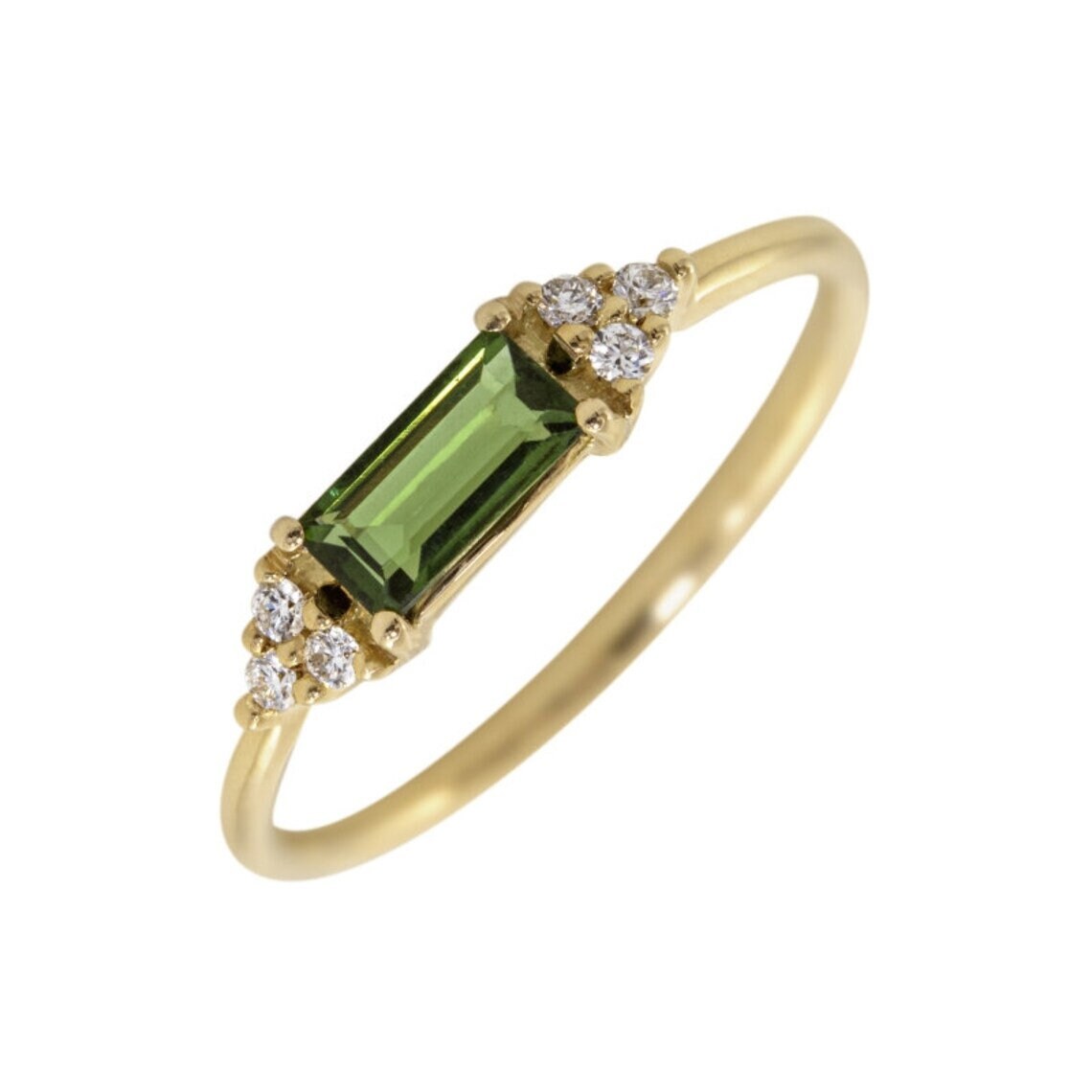 18k Gold Green Tourmaline Baguette Ring with Diamonds