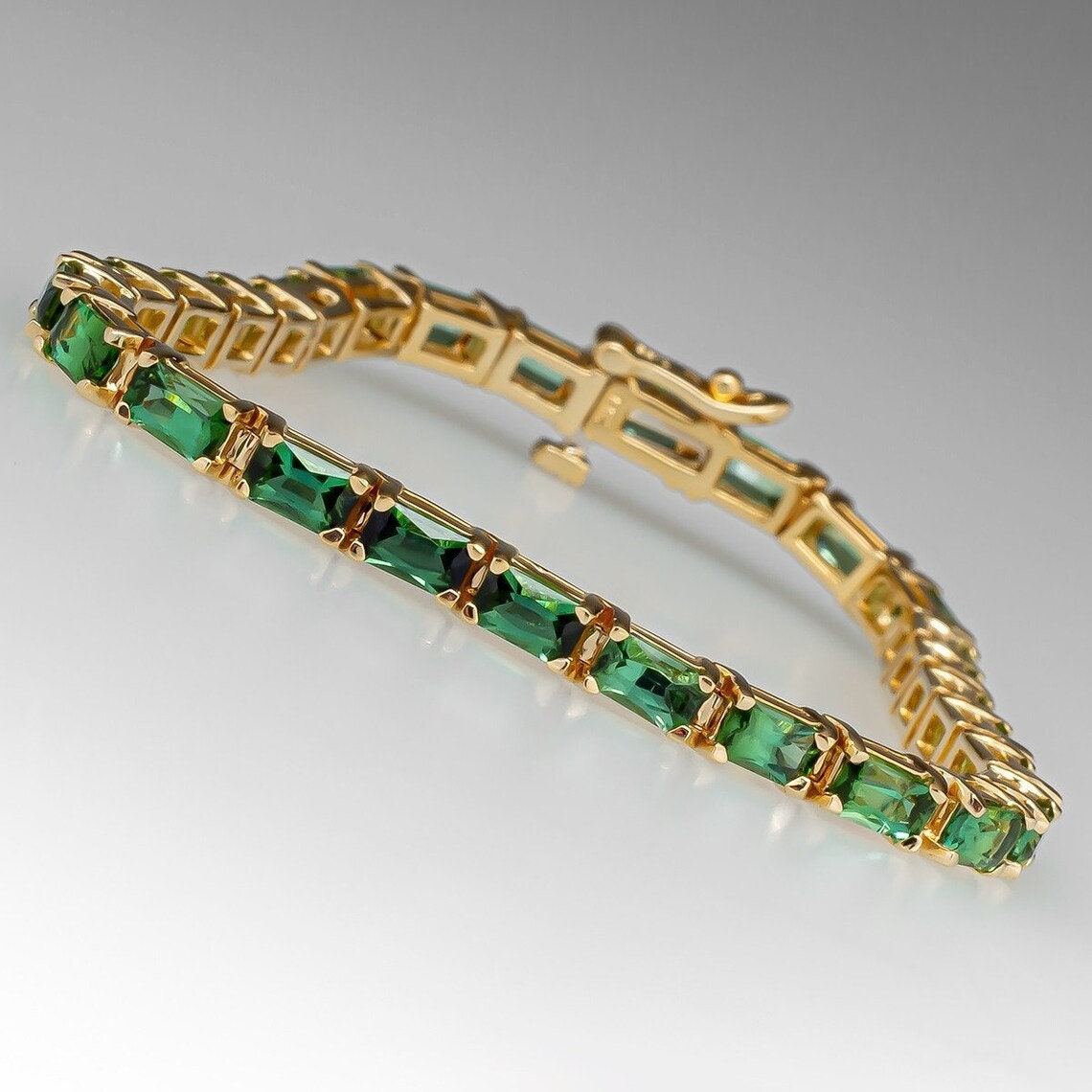 Baguette Emerald Tennis Bracelet: 925 Sterling Silver Prong Set