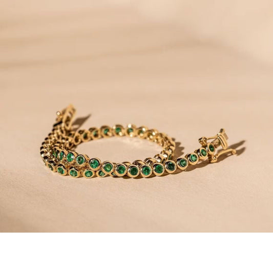 14K Gold Emerald Tennis Bracelet: Bezel Set Layering Bracelet