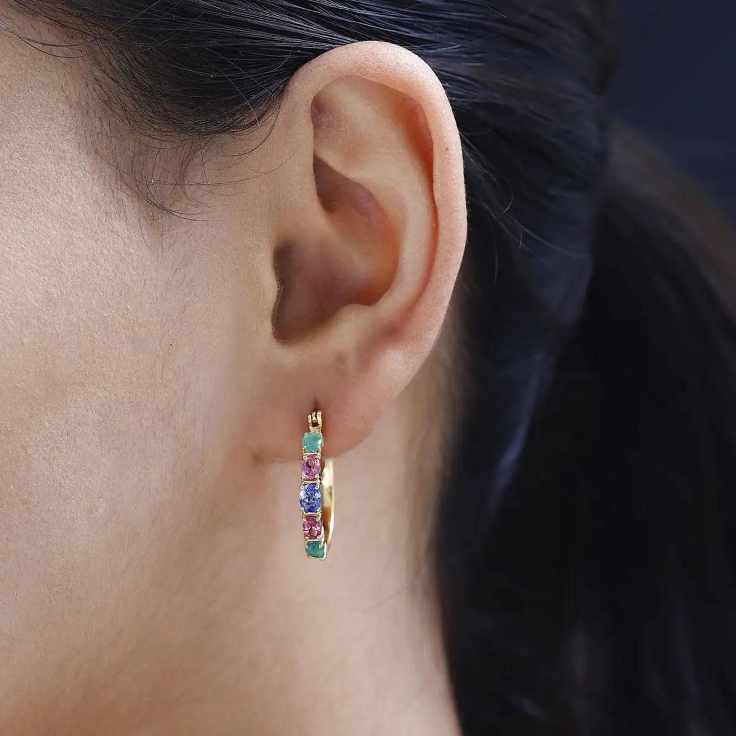 Multi Sapphire, Zambian Emerald Hoop Earrings, 2.25 ctw Stone Hoop Earring,925 Sterling Silver Earrings, Gift For Her, Mothers Gift