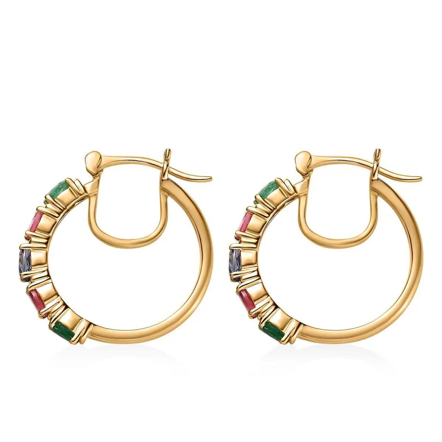 Multi Sapphire, Zambian Emerald Hoop Earrings, 2.25 ctw Stone Hoop Earring,925 Sterling Silver Earrings, Gift For Her, Mothers Gift