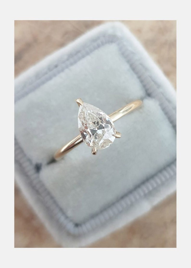 Pear Cut Diamond Ring, Silver Diamond Ring, Pear Cut Diamond ring, Pear Cut Lab Grown Diamond Solitaire Engagement Ring,  14k Yellow Gold