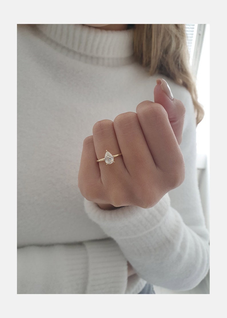 Pear Cut Diamond Ring, Silver Diamond Ring, Pear Cut Diamond ring, Pear Cut Lab Grown Diamond Solitaire Engagement Ring,  14k Yellow Gold
