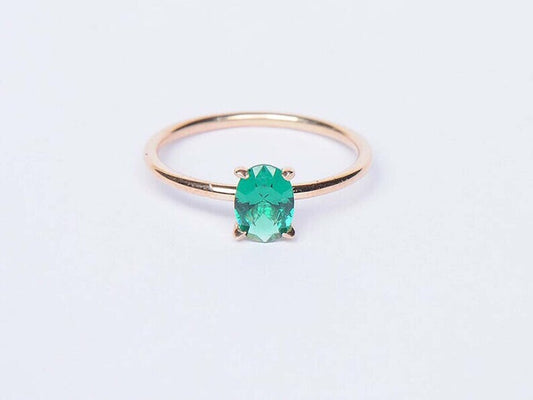 Delicate 14K Gold Emerald Ring - Stackable Emerald Solitaire Ring - Elegant Rose Gold Plated Emerald Ring- Perfect May Birthstone Gift
