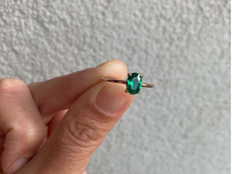 Delicate 14K Gold Emerald Ring - Stackable Emerald Solitaire Ring - Elegant Rose Gold Plated Emerald Ring- Perfect May Birthstone Gift