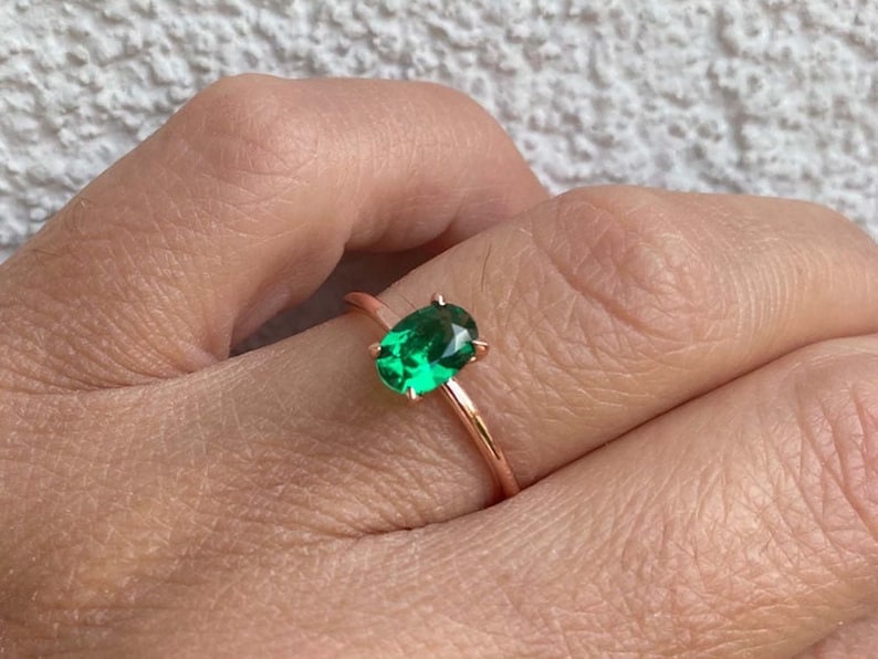 Delicate 14K Gold Emerald Ring - Stackable Emerald Solitaire Ring - Elegant Rose Gold Plated Emerald Ring- Perfect May Birthstone Gift