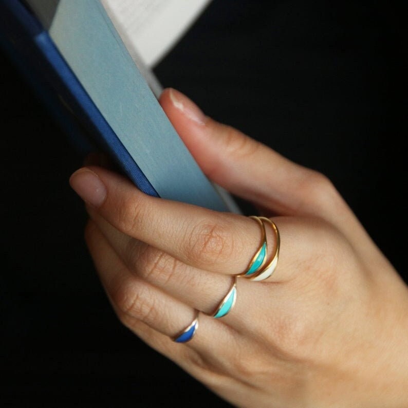 Enamel Stacking Ring in 14k Solid Gold for Women,Solid Gold Enamel Ring, Thin Enamel Band Ring, Colorful Enamel Ring, Multicolor Enamel Band