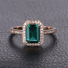 Emerald Diamond 14k Gold Ring | Engagement Halo Setting | Dainty Solid Band