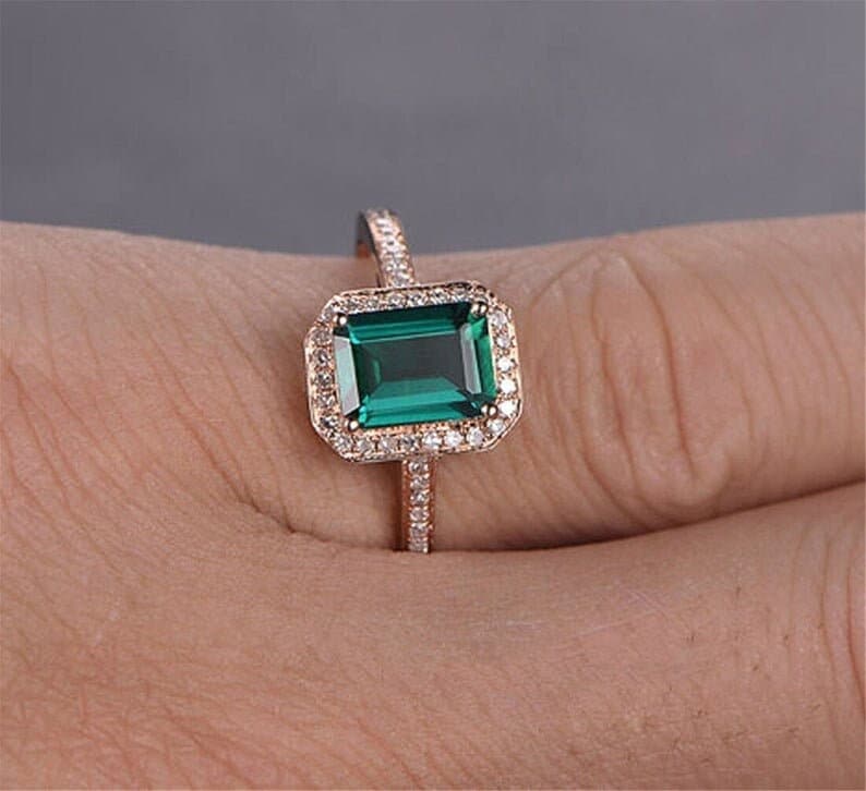 Emerald Diamond 14k Gold Ring | Engagement Halo Setting | Dainty Solid Band