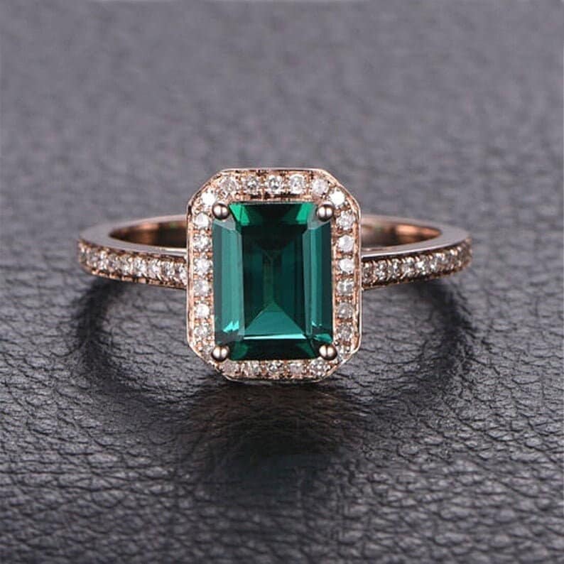 Emerald Diamond 14k Gold Ring | Engagement Halo Setting | Dainty Solid Band