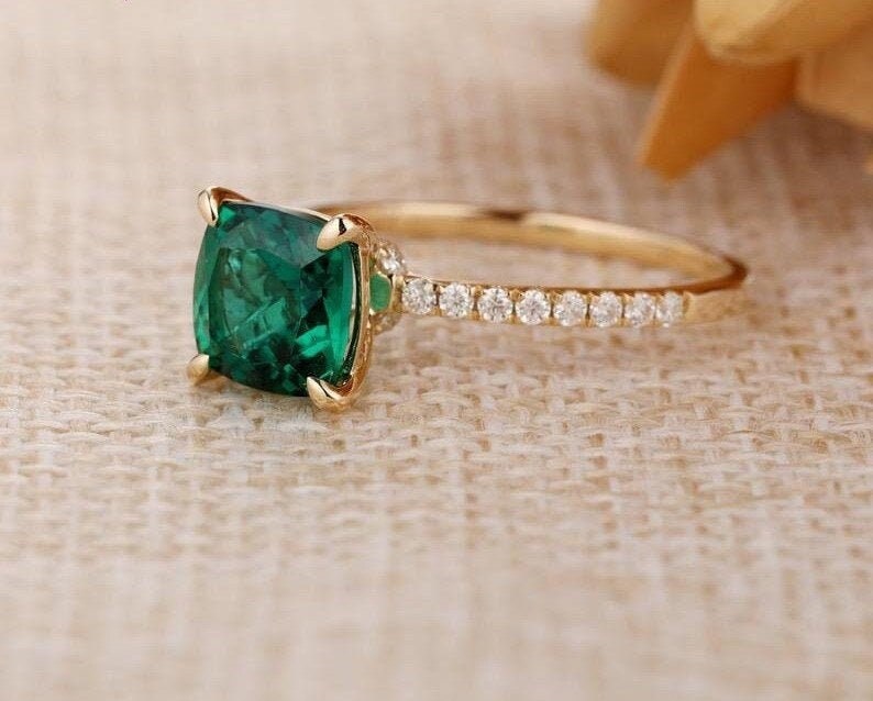 8mm Cushion Cut Emerald Diamond Ring Anniversary Gift Ring Emerald Diamond Ring Silver Diamond Ring Gold Plated Diamond Ring