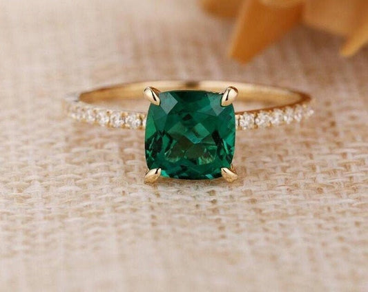 8mm Cushion Cut Emerald Diamond Ring Anniversary Gift Ring Emerald Diamond Ring Silver Diamond Ring Gold Plated Diamond Ring