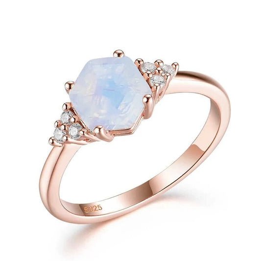 8MM Hexagon Cut Moonstone Gemstone Diamond Ring in 925 Sterling Silver over Rose Gold Plated Gift For Gift For Mom Anniversary Gift