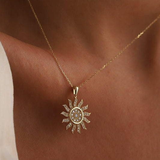 14k Gold Sun Pendant Necklace Sunshine Diamond Pendant Small Celestial Necklace Sunburst Charm Necklace for Women Diamond Sun Necklace