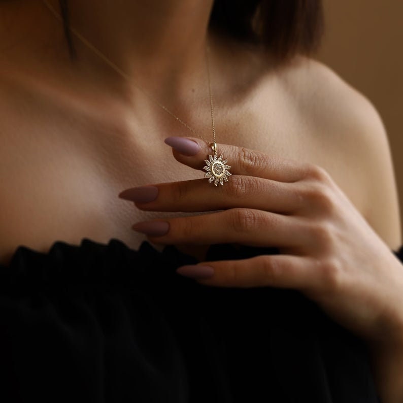 14k Gold Sun Pendant Necklace Sunshine Diamond Pendant Small Celestial Necklace Sunburst Charm Necklace for Women Diamond Sun Necklace