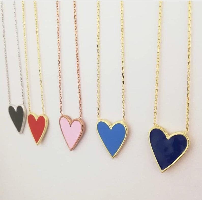 Enamel Heart Silver Necklace Colorful Heart Necklace in Gold Plated Enamel Heart Charm Necklace Lovely Heart Necklace Pink White Heart