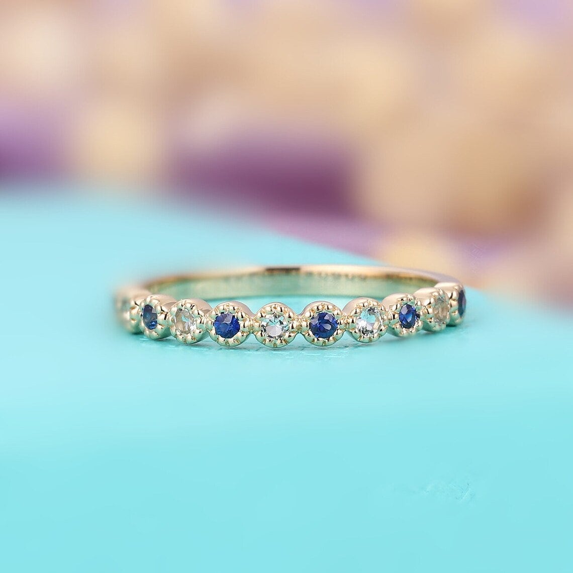 Vintage Aquamarine Engagement Ring, Statement Art Deco Ring, 18k gold Aquamarine Round With sapphire half band Band, Gift for Her,moms gift