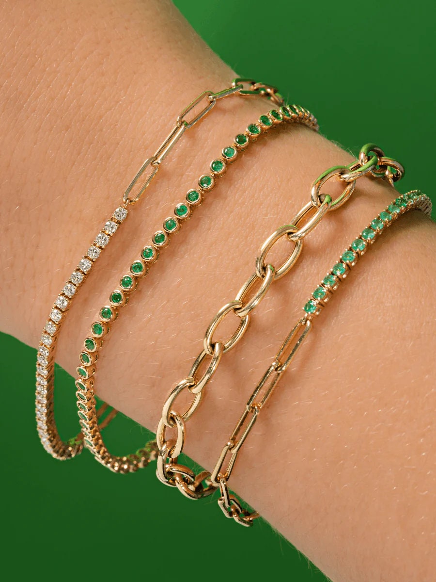 14k Emerald Tennis Bracelets, Emerald Chain Link Bracelets in Silver Gold Plated, Tennis Bracelets, Tennis Gold Bracelets, Gift For Him,