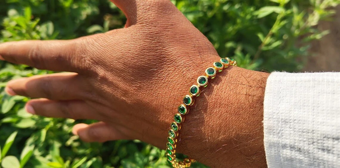14K Gold Emerald Tennis Bracelet: Bezel Set Layering Bracelet