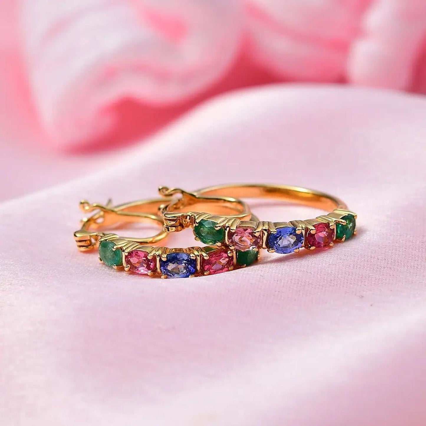 Multi Sapphire, Zambian Emerald Hoop Earrings, 2.25 ctw Stone Hoop Earring,925 Sterling Silver Earrings, Gift For Her, Mothers Gift