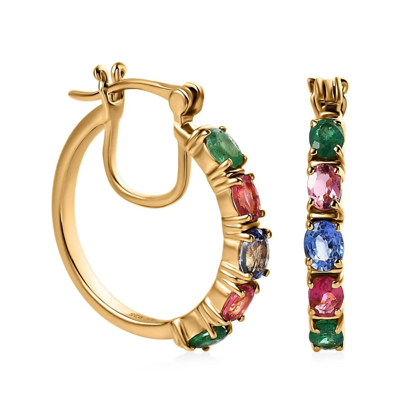 Multi Sapphire, Zambian Emerald Hoop Earrings, 2.25 ctw Stone Hoop Earring,925 Sterling Silver Earrings, Gift For Her, Mothers Gift
