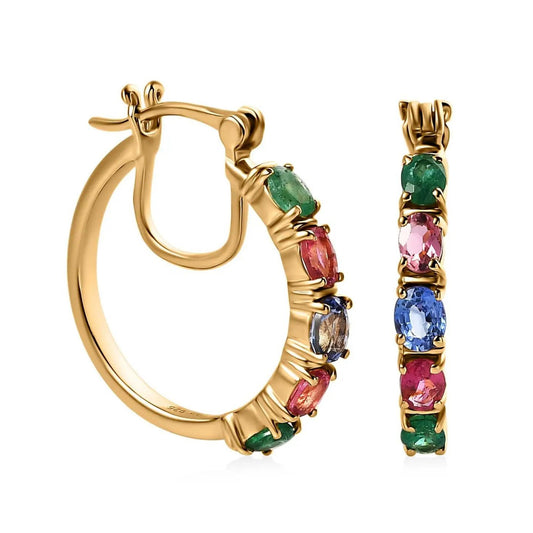 Multi Sapphire, Zambian Emerald Hoop Earrings, 2.25 ctw Stone Hoop Earring,925 Sterling Silver Earrings, Gift For Her, Mothers Gift