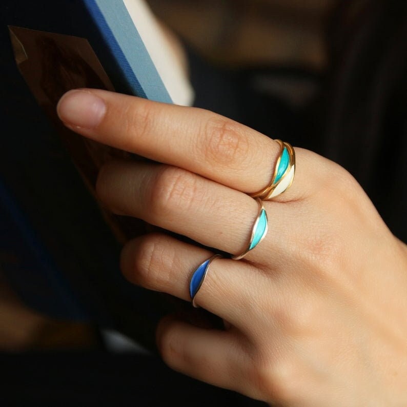 Enamel Stacking Ring in 14k Solid Gold for Women,Solid Gold Enamel Ring, Thin Enamel Band Ring, Colorful Enamel Ring, Multicolor Enamel Band