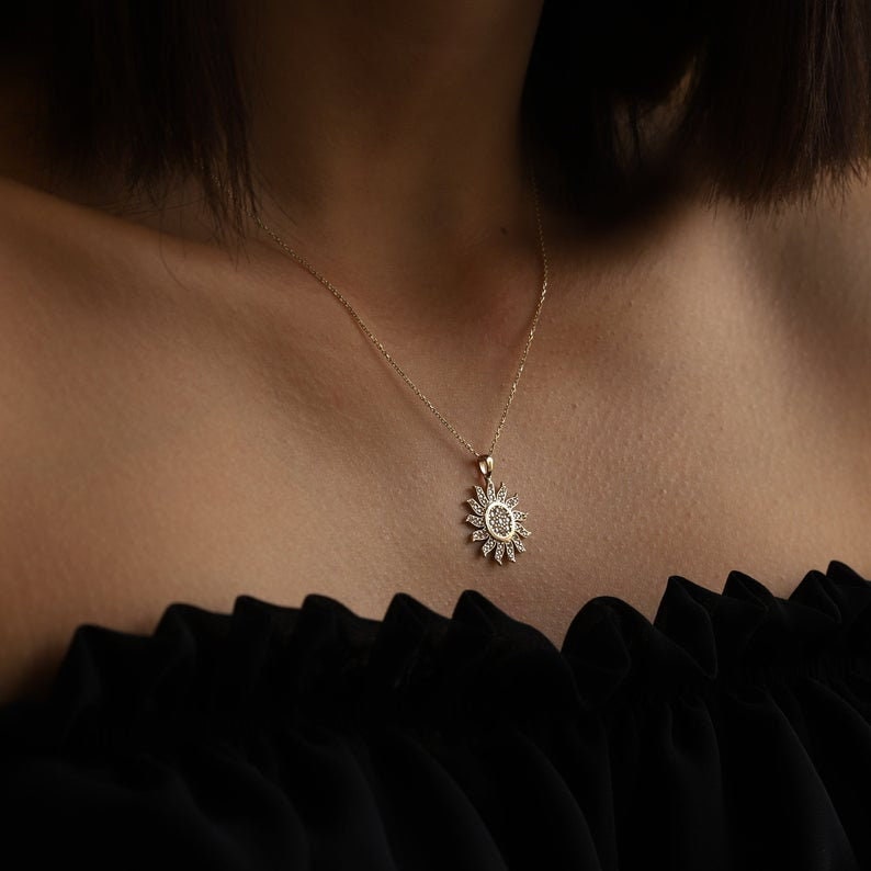 14k Gold Sun Pendant Necklace Sunshine Diamond Pendant Small Celestial Necklace Sunburst Charm Necklace for Women Diamond Sun Necklace
