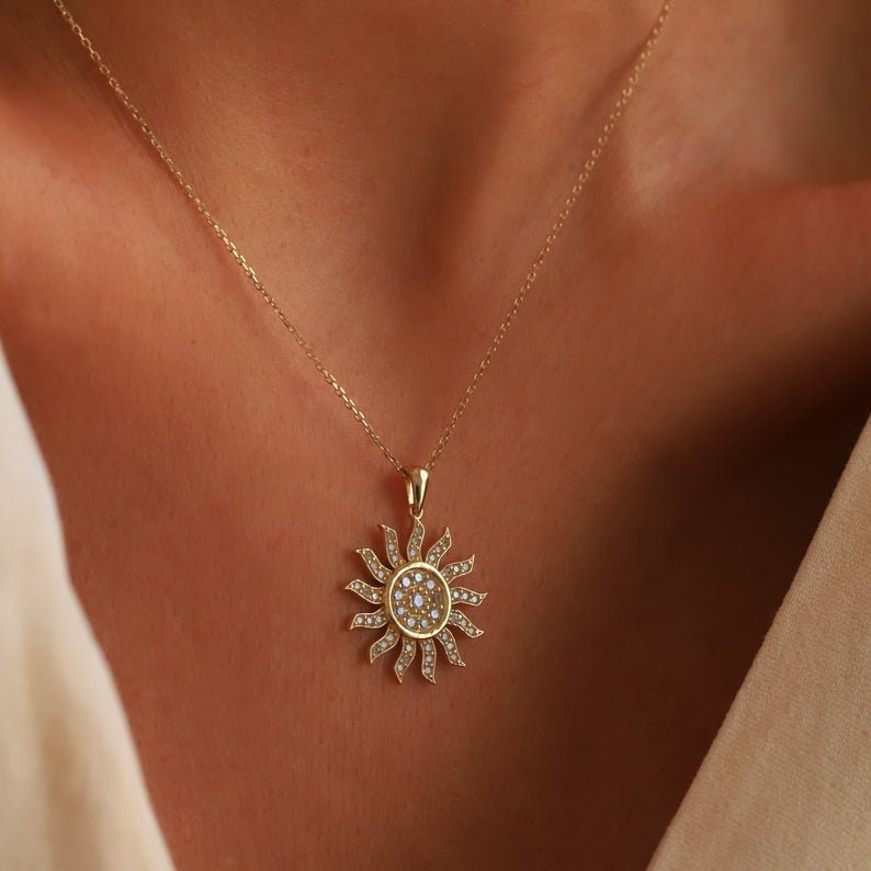 14k Gold Sun Pendant Necklace Sunshine Diamond Pendant Small Celestial Necklace Sunburst Charm Necklace for Women Diamond Sun Necklace
