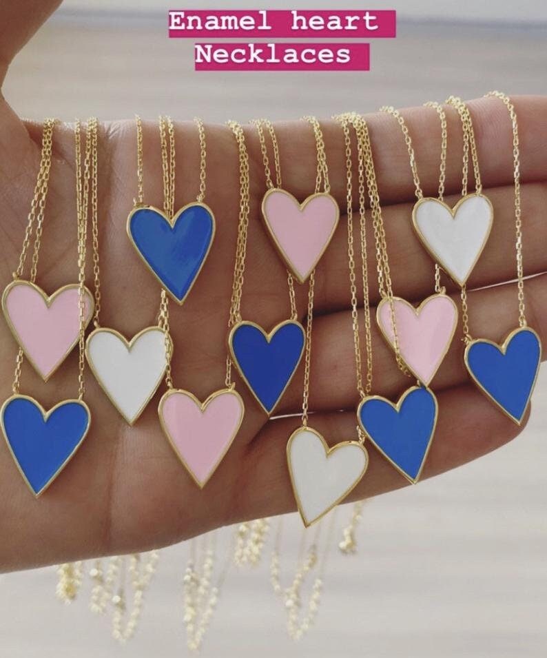 Enamel Heart Silver Necklace Colorful Heart Necklace in Gold Plated Enamel Heart Charm Necklace Lovely Heart Necklace Pink White Heart