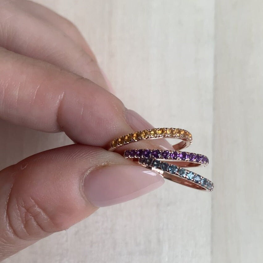 14K Gold Amethyst Half Eternity Band, Stacking Matching Band, Thin Dainty Band, Engagement Ring Gift For Her, Half Eternity Band