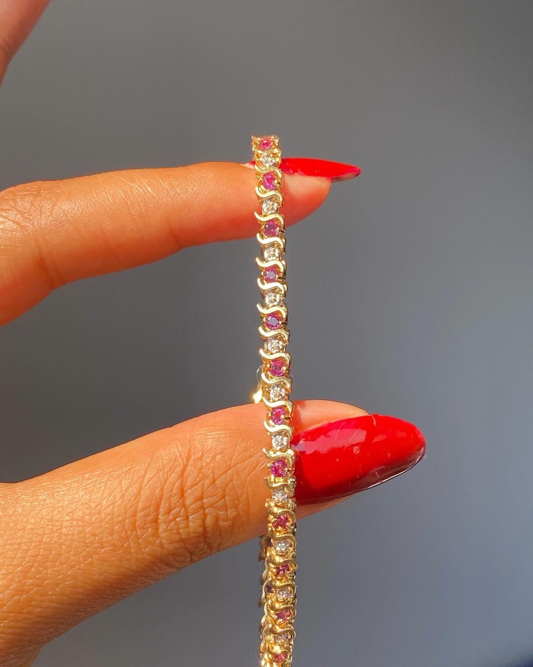 Pink Sapphire & Alternate Diamond Tennis Bracelets in Silver Gold Plated Gift For Her Diamond Bracelets Gold Tennis Bracelet Mom Gift