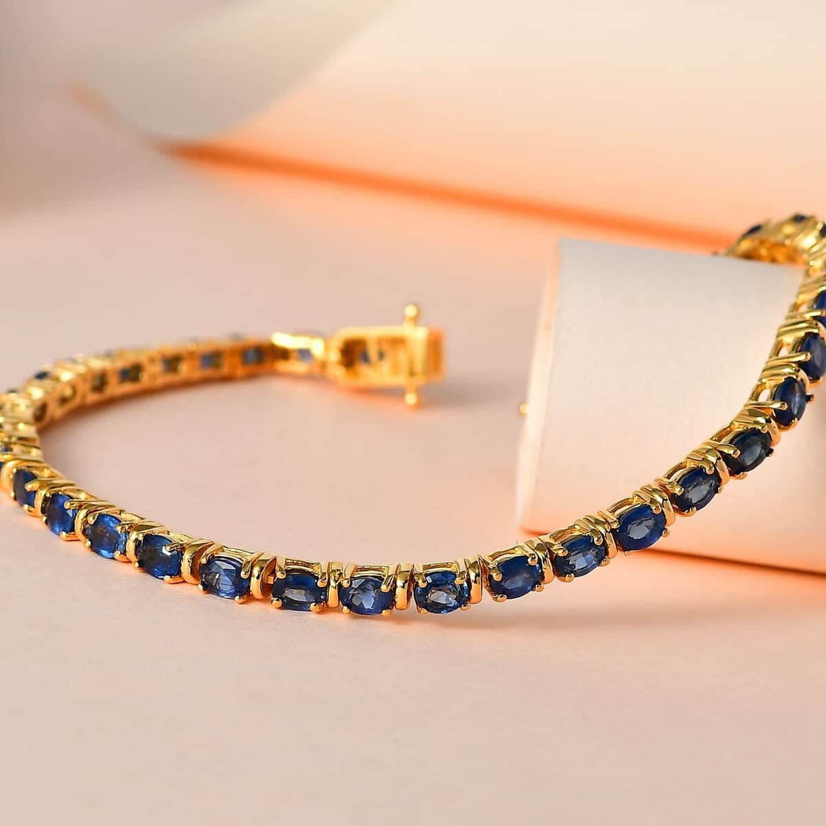 Tennis Bracelet 4x3mm Oval Cut Premium Ceylon Blue Sapphire Tennis Bracelet in Vermeil Yellow Gold  7.15 ctw Prong Set Tennis Bracelet