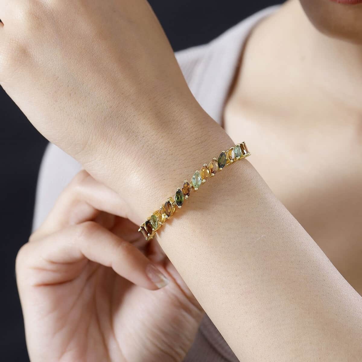 Multi-Tourmaline Tennis Bracelet: Vermeil Yellow Gold Over Sterling Silver