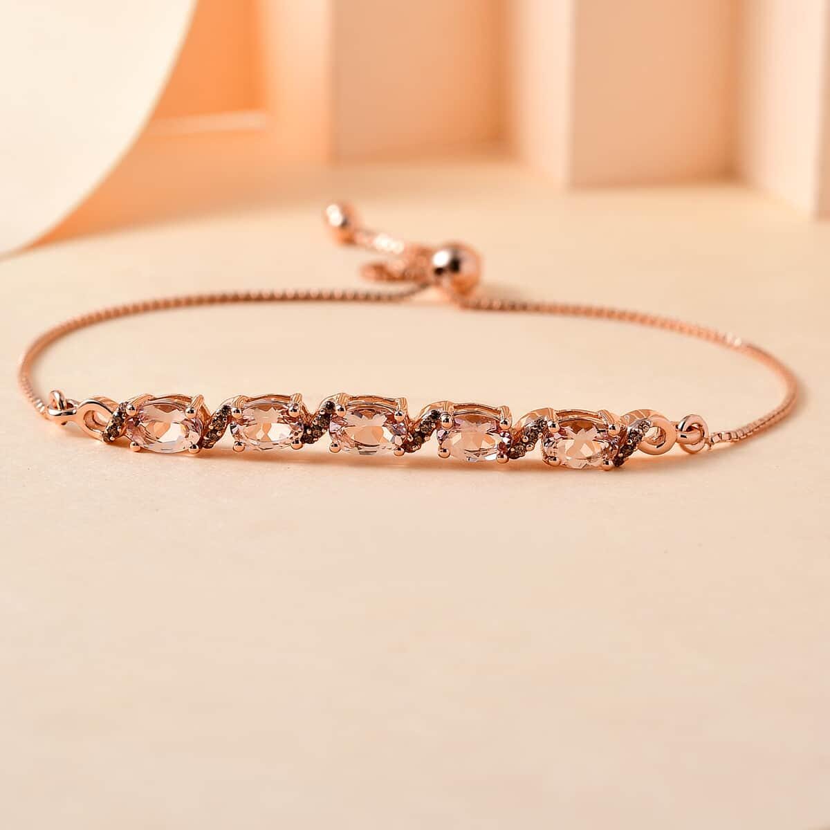 Elegant Pink Morganite and Champagne Diamond Bolo Bracelet, Unique Handcrafted Bolo Bracelet with Pink Morganite and Champagne Diamonds