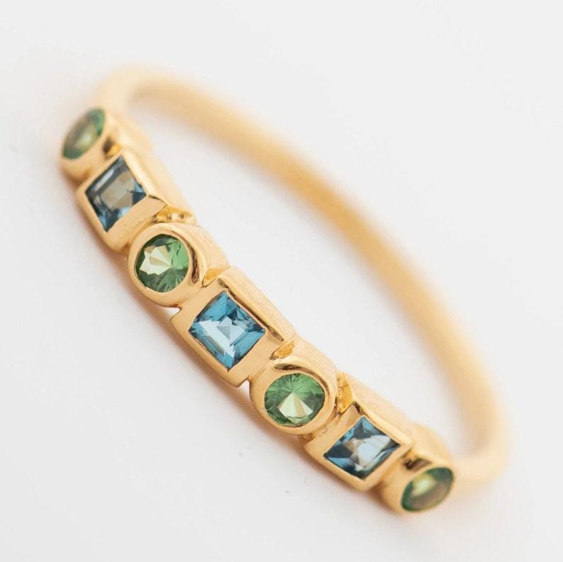 Delicate Blue Topaz Emerald Wedding Band, Vintage 18k yellow Gold Half Eternity Wedding Ring, Unique Minimalist Stacking Matching Band Gift