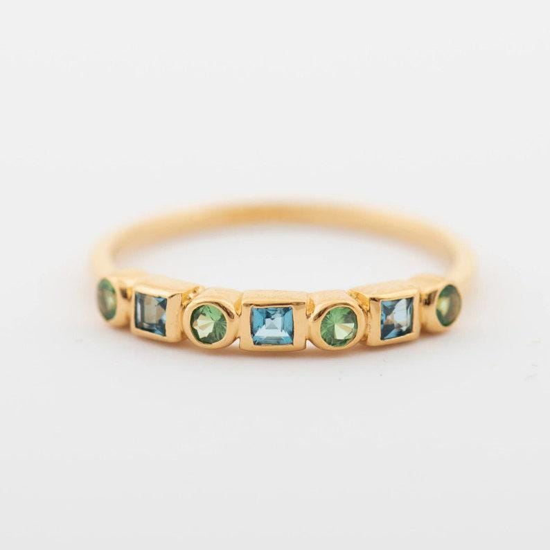 Delicate Blue Topaz Emerald Wedding Band, Vintage 18k yellow Gold Half Eternity Wedding Ring, Unique Minimalist Stacking Matching Band Gift
