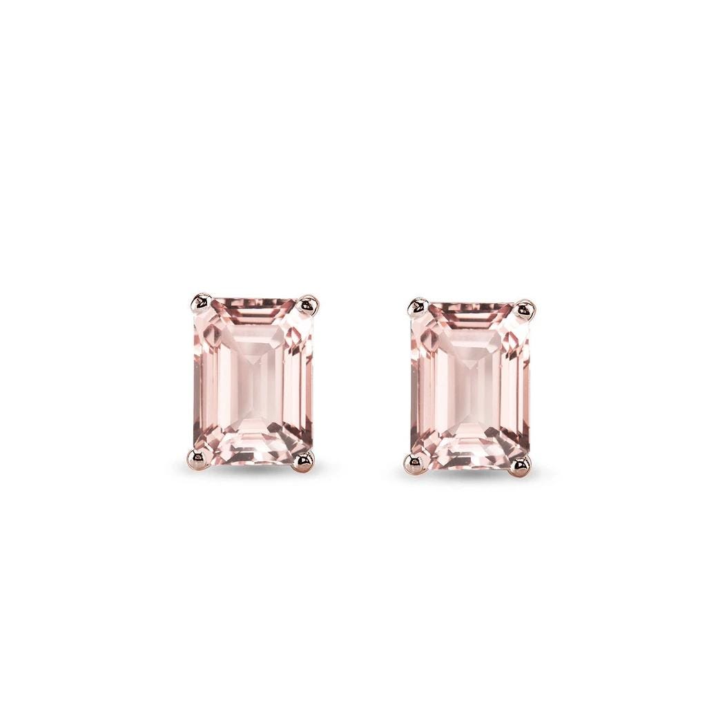 Emerald Cut Morganite Stud Earrings: 925 Sterling Silver, 10k/14k Gold