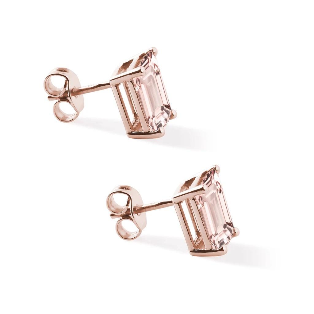 Emerald Cut Morganite Stud Earrings: 925 Sterling Silver, 10k/14k Gold