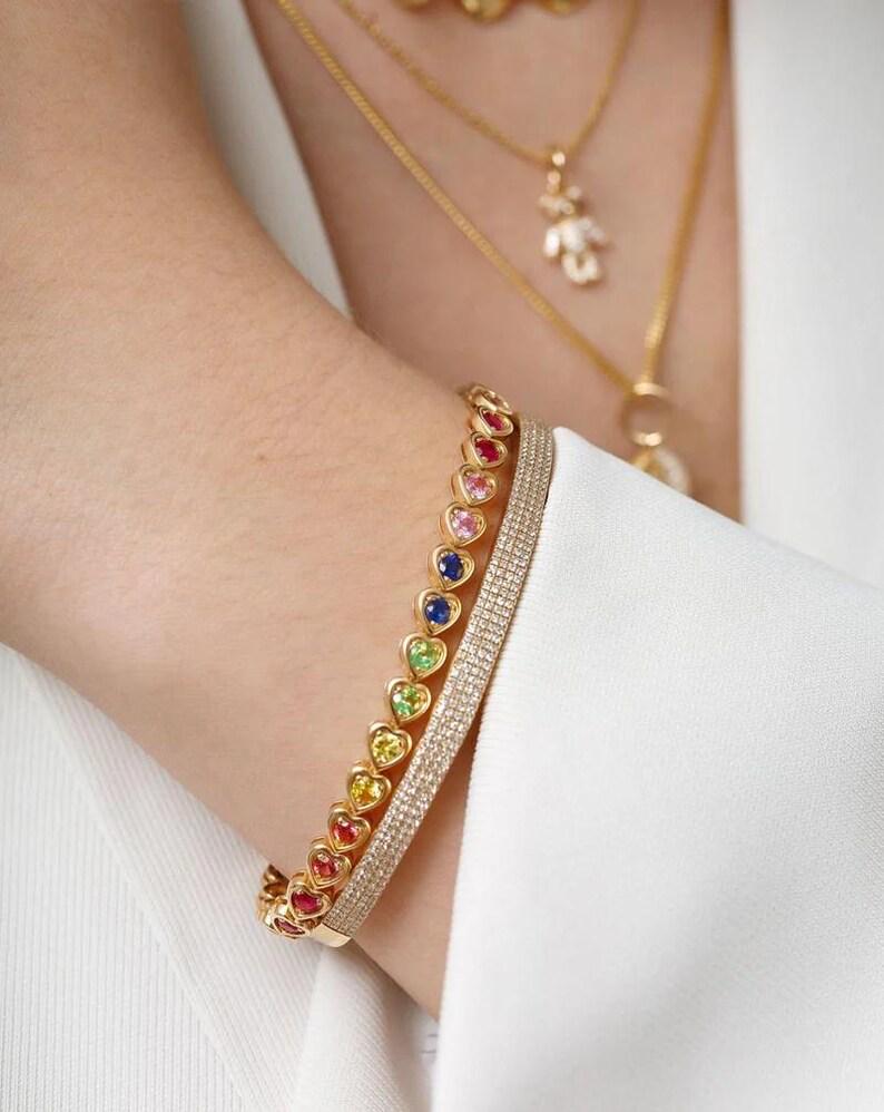 Multi Sapphire Heart Tennis Bracelet,14K Gold Plated Bracelet,heart Sapphire Tennis Bracelet, Sapphire Layering Bracelet For Women Gift