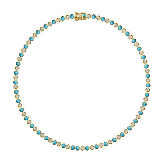 Turquoise With Diamond Tennis Necklace, Gold Turquoise Tennis Necklace, Art Deco valentineTurquoise Necklace, Turquoise and Diamond Necklace